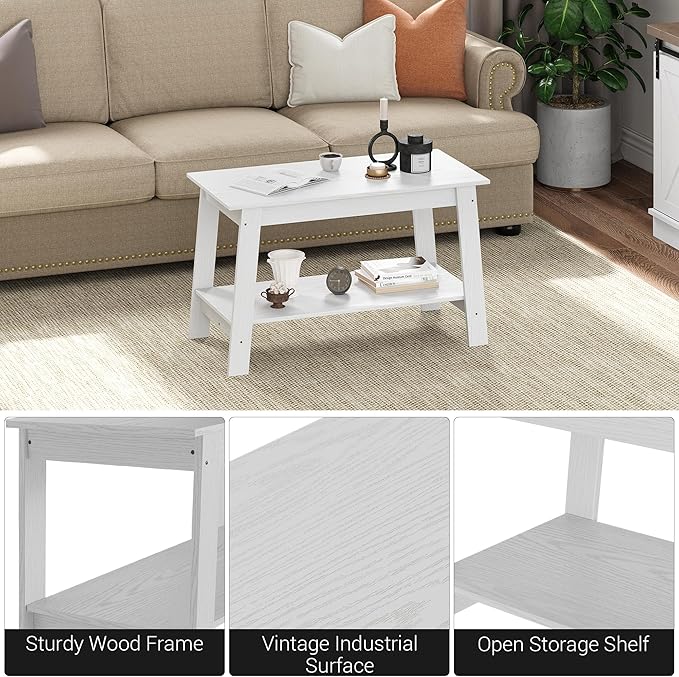 2-Tie Coffee Table, Rustic Wood Living Room Tables with Open Rectangular Storage Compartment, Coffee Tables for Living Room, Outdoors, Home Office, Bedroom, White