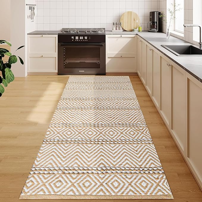 Bedding Craft Jute Cotton Stripe Area Rug Runner for Living Room 24x72 Inch - Natural Ivory - Machine Washable 2x6 Feet Rugs - 70% Jute and 30% Cotton