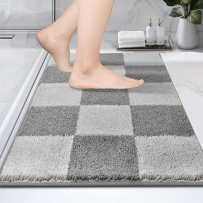 PURRUGS Bathroom Rug Non-Slip Machine Washable 20" x 30", Super Absorbent and Quick-Dry Bath Mat, Extra Soft and Plush Bath Rug for Shower, Bathtub and Sink, Light Grey & Grey