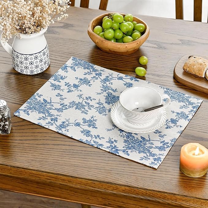 Pastoral Placemats for Dining Table Set of 6, Reversable & Heat-Resistant Non-Slip Place Mats for Kitchen Table Mats 13 x 19 Inch, Floral (Dark Blue)