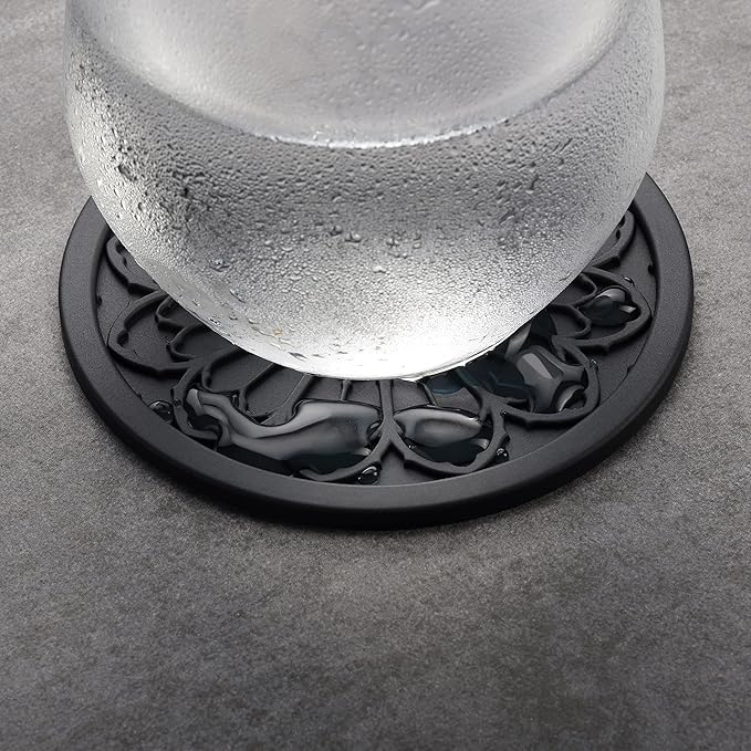 Silicone Coasters for Drinks - 6 Pack 4" Drink Coasters for Aesthetic Room Decor - Goth Accessories for Kitchen Gadgets by COASTERFIELD (Black)