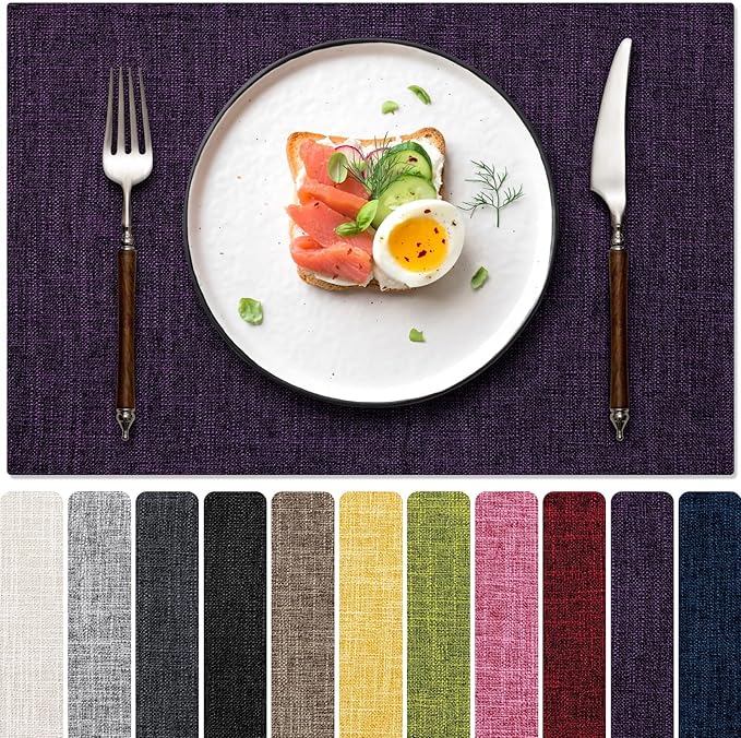 Placemats Set of 4, Dual-Layered Thickened Faux Linen Cloth Place Mats Heat Resistant Machine Washable Wrinkle Free Table Mats Indoor/Outdoor (Purple)
