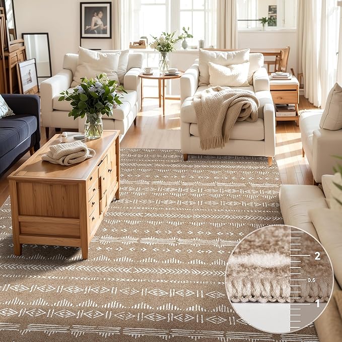 Area Rug 10x14 Living Room Distressed Area Rugs, Non Slip Washable Rugs Large Moroccan Boho Farmhouse Rug for Bedroom Dining Room, Neutral Low Pile Indoor Floor Carpet, Coffee