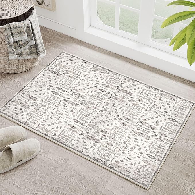 Entryway Area Rug 2x3 Washable Grey Carpet Non Slip Small Door Mat Boho Thin Floral Farmhouse Throw Accent Rug for Kitchen Bathroom Office Bedroom Laundry