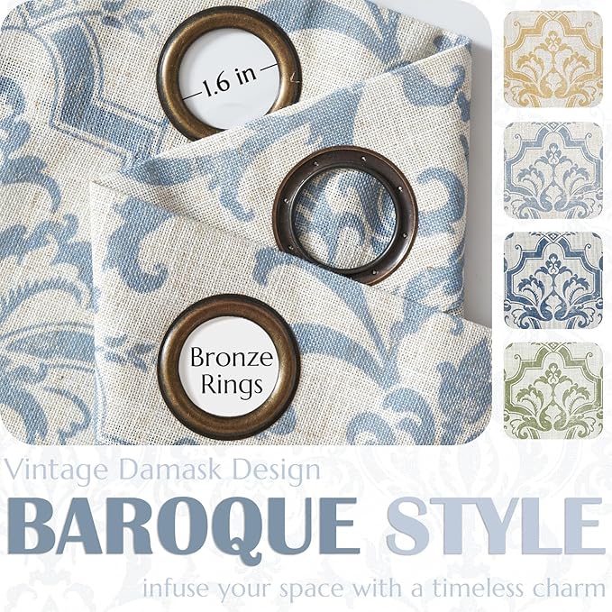 jinchan Linen Curtains for Bedroom Blue Curtains Damask Patterned 84 Inches Long for Living Room Light Filtering Vintage Curtains Baroque Style Drapes Grommet Window Treatments 2 Panels Set