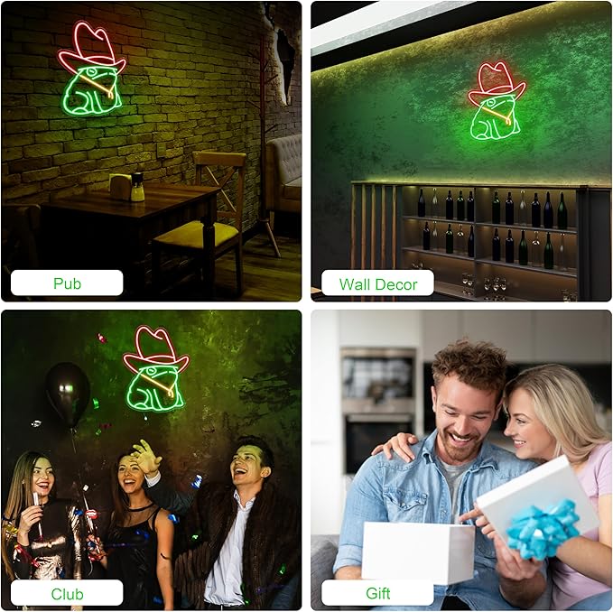 Kavaas Frog Neon Sign 12.6“ x 9.8”, Frog with Cowboy Hat LED Sign for Wall Decor | Cowboy Neon Signs for Man Cave, Gameroom, Bedroom, Bar - Best Gifts for Rodeo Enthusiast, Birthday, Christmas