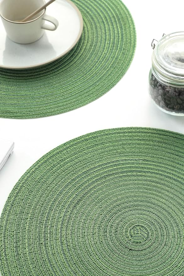 Floroom 15 Inch Round Braided Placemats Set of 4, Washable Heat Resistant Cotton Polyester Circle Place Mats for Kitchen Dining Table - Forest Green