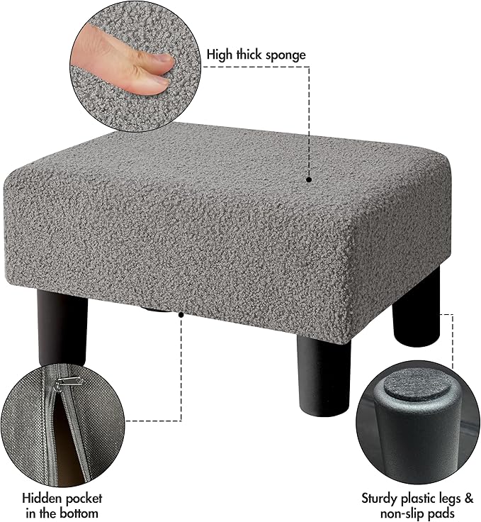 BRIAN & DANY Small Foot Stool Ottoman, Footstool with Legs, Teddy Velvet Foot Rest for Living Room, Bedroom and Office, Grey