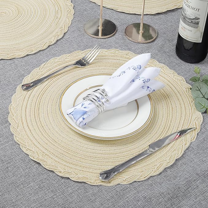 fanquare 15 Inch Beige Braided Placemats Value Set of 8 Round Cotton Placemat with Lace Edge, Perfect for Parties and Everyday Use Fabric Table Mats