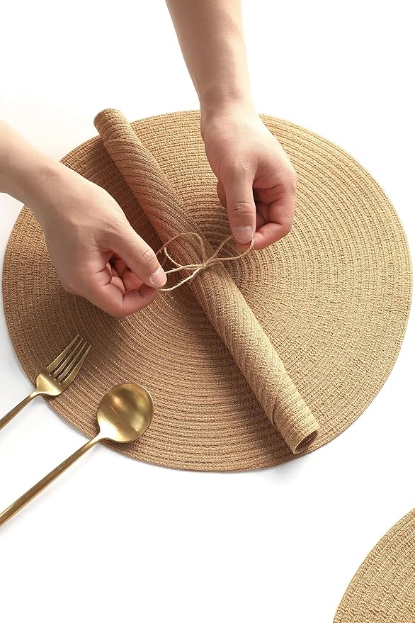Floroom 15 Inch Round Braided Placemats Set of 4, Washable Heat Resistant Cotton Polyester Circle Place Mats for Kitchen Dining Table - Brown