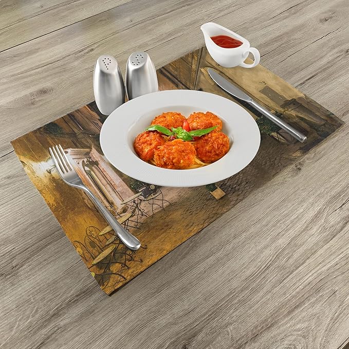 Ambesonne Italian Place Mats Set of 8, Old Courtyard Rome Italy Cafe Chairs City Historic Houses in Street, Washable Fabric Placemats for Dining Table, Placemat 8 pcs, Orange Brown