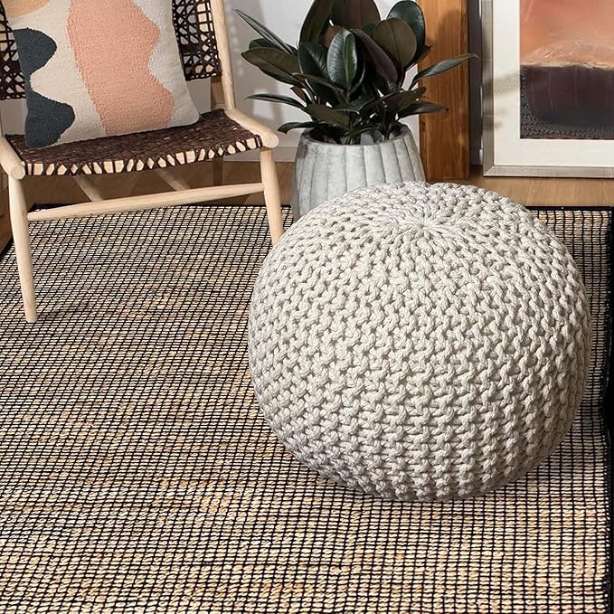 Chardin home- Crochet Ivory Pouf - Cozy & Bohemian, Recycled Cotton, Hand Crafted Casual Seating/Ottoman for Home, Office, Bedroom, 18"x18"x14".