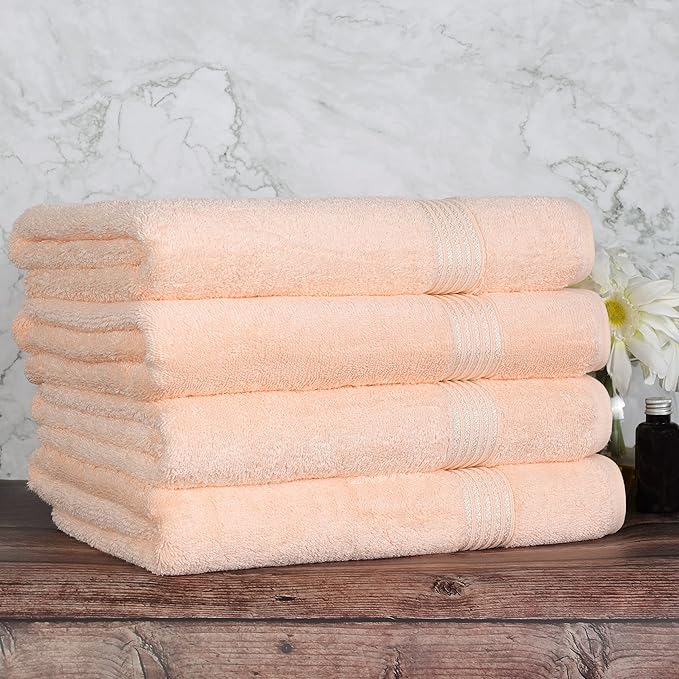 Superior Egyptian Cotton 4-Piece Bath Towel Set for Shower, Bath, Spa, Resort, Hotel, Soft Body Towels, Airbnb Essentials, Apartment, Dorm, Quick Dry, Absorbent, Bathroom Basics, Peach