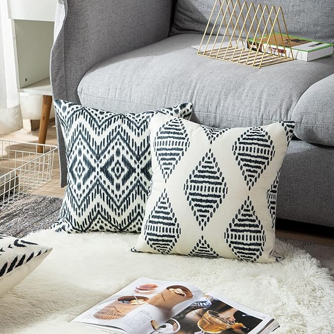 ArtSocket Set of 4 Throw Pillow Covers Ikat Tribal and Boho Bohemian Black Ethnic Herringbone for Ideas Decor Linen Outdoor Pillow Cases Home Decorative Square 18x18 Inches Pillowcases