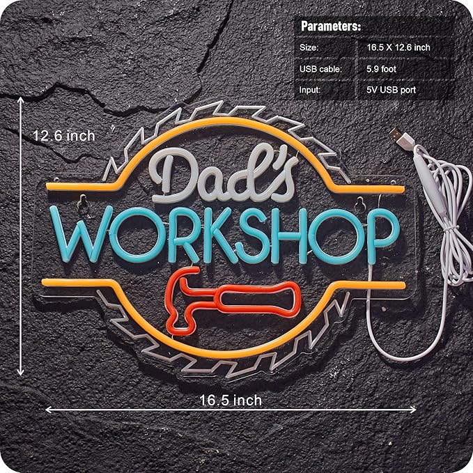 Dad's Workshop Neon Sign for Wall Decor Garage LED Light Car signs for Auto Repair Shop Man Cave Gift for Father 12.6 x 16.5 in (White Orange)