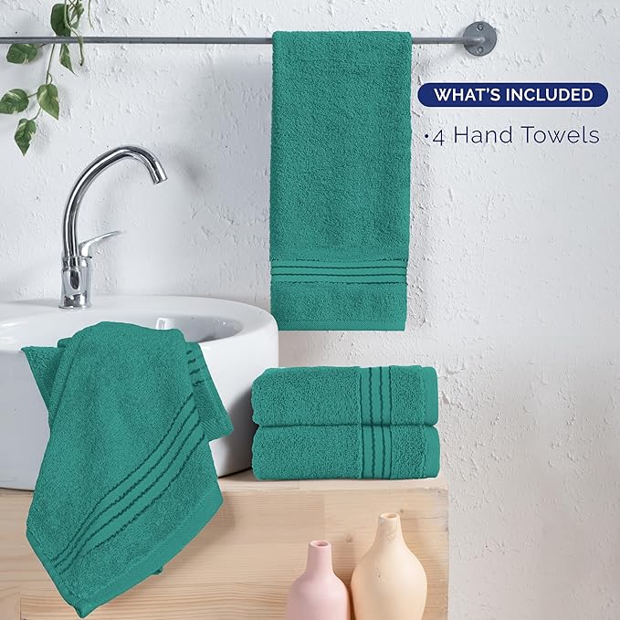Elegant Comfort Premium Turkish Cotton 4 Pack Hand Towel Set - 16 x 28 inch, Luxurious Hotel Spa Quality 100% Turkish Cotton 4PC Hand Towel Set - Highly Absorbent - Soft Bathroom Towels, Turquoise