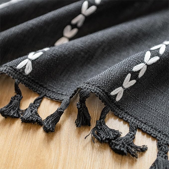 Sutuo Home Boho Valance Curtain Tier 36 inches for Kitchen Cafe Closet, Short Farmhouse Vintage Tassels Window Treatment Bohemian Stripe Embroidery Drape Rod Pocket 1 Panel 52" W x 36" L, Black