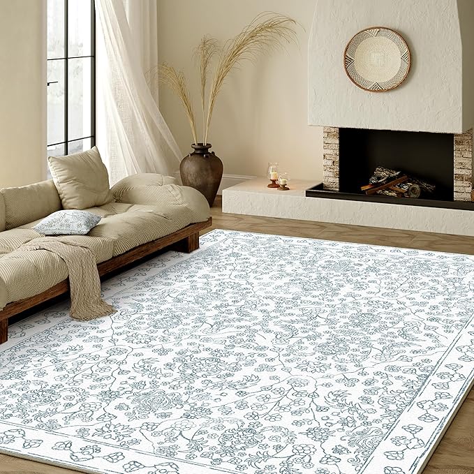 Floral Area Rug 5x7 Washable Blue Carpet Non Slip Large Boho Thin Farmhouse Throw Accent Rug for Living Room Bedroom Office Kitchen Bathroom