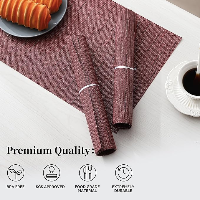 Leetaltree Burgundy Placemats Set of 4 - Heat Resistant Non-Slip Place mats for Dining Table, Washable Durable PVC Vinyl Woven Table Mats(Burgundy, 4)