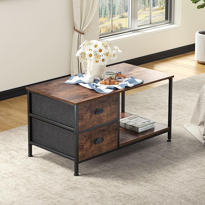 SENIG Coffee Table with Drawers, Coffee Table for Living Room, 2-Tier Coffee Tables with Storage Drawers,Brown Coffee Tables for Small Spaces, Rectangle Wood Ttable, Metal Side End Table