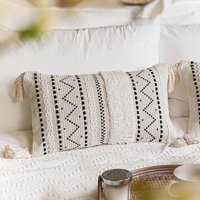 Decorative Lumbar Throw Pillow Cover 12x20 Rectangular Boho Accent Pillowcase Black Neutral White Farmhouse Cushion for Couch Sofa Bedroom Living Home Décor (Cover ONLY, Pack of 1)