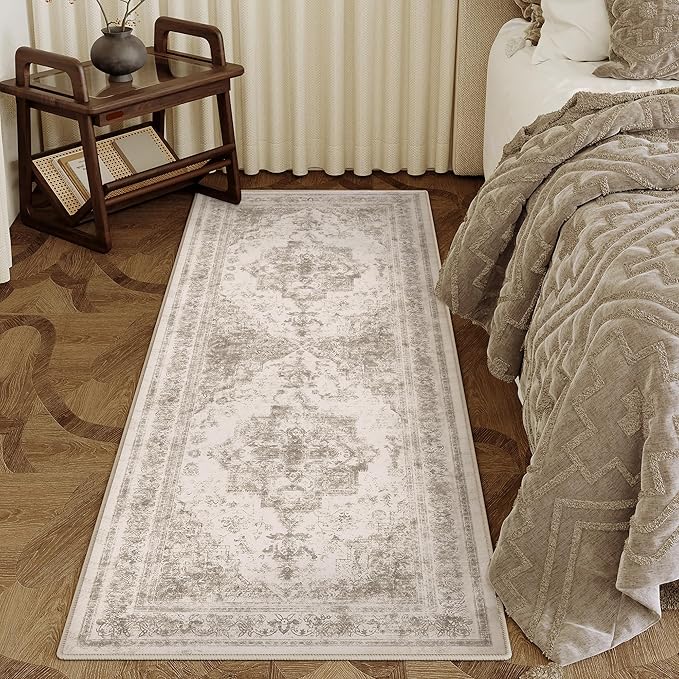 Runner Rug 2x5 Washable Taupe Hallway Runner Vintage Boho Medallion Non Slip Distressed Retro Carpet Indoor Low Pile Long Soft Rug for Kitchen Entryway Bedroom Bathroom Laundry