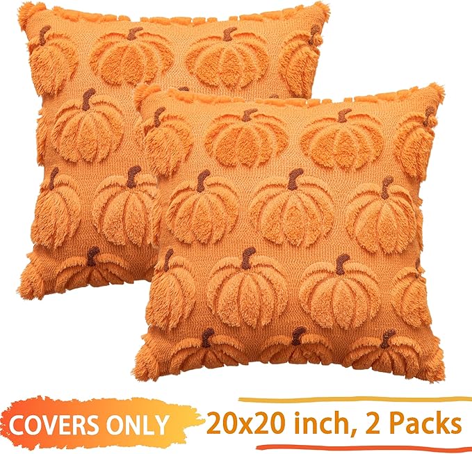Pumpkin Fall Decorative Throw Pillow Covers 20"x20", Set of 2 Orange Brown Soft Faux Fur Pillow Covers for Autumn Harvest, Fluffy Plush Accent Pillow Cases for Farmhouse Halloween Decor