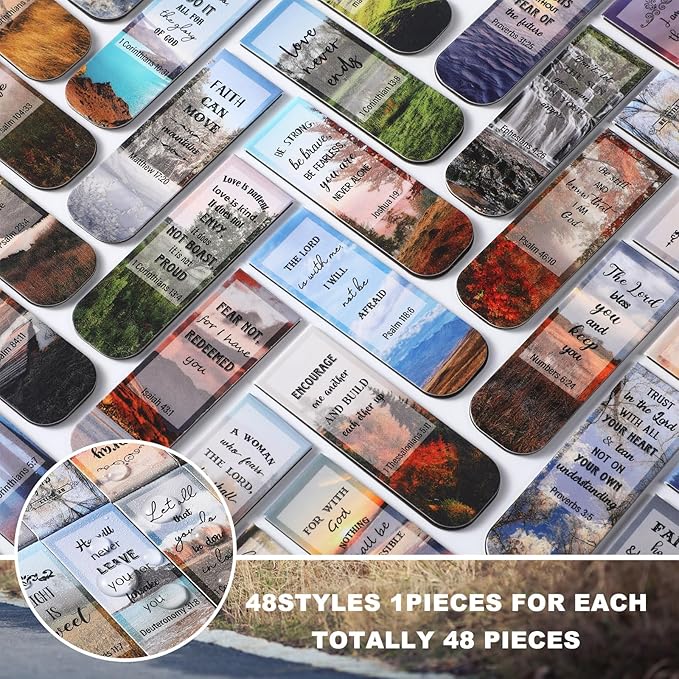 Zonon 48 Pcs Bible Verse Magnetic Bookmarks, Inspirational Scripture Christian Book Markers Religious Motivational Encouragement Flower Page Clips Presents for School Supplies(Forest Style)
