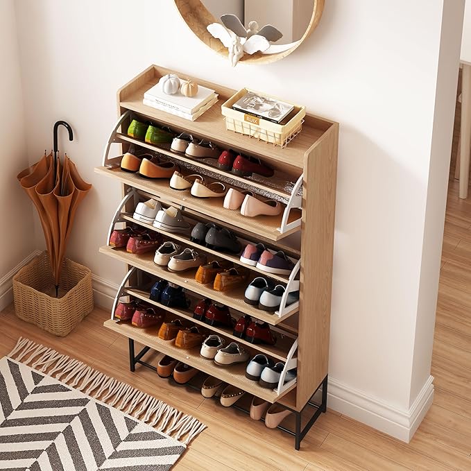 AVZEAR Shoes Cabinet, Narrow Shoes Storage Cabinet with 3 Flip Drawers, Free Standing Shoe Racks Organizer Farmhouse Tipping Bucket with Blackboard, Shoes Cabinet Storage Entryway Hallway, Natural