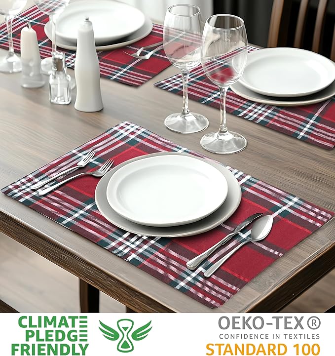 Urban VillaPlacemats Christmas Plaid 100% Cotton Fused Tablemats for Dining 14''x20'' Over Sized Set of 6 Placemats for Christmas Celebrations Wedding Parties Every Day Use Heavier QualityPlacemats