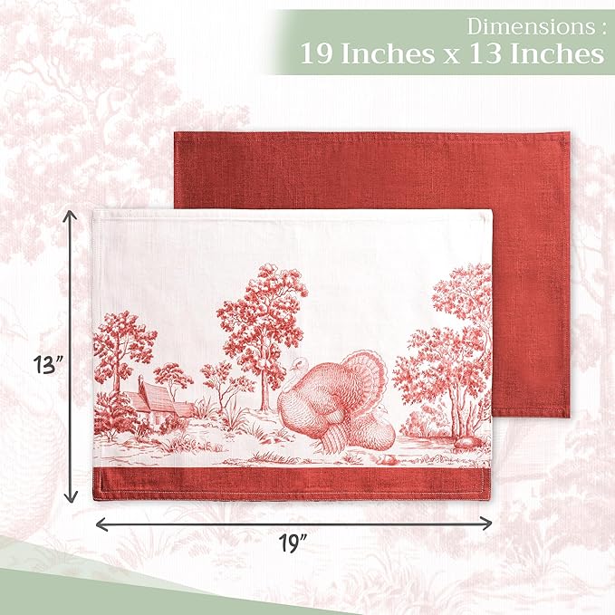 Maison d' Hermine Placemats Set of 4 100% Cotton Washable Cloth Place Mats, Reusable Table Mats for Kitchen Dining Decoration, Party, Wedding, Restaurant (Holy Jouy - Red, 13" x 19")