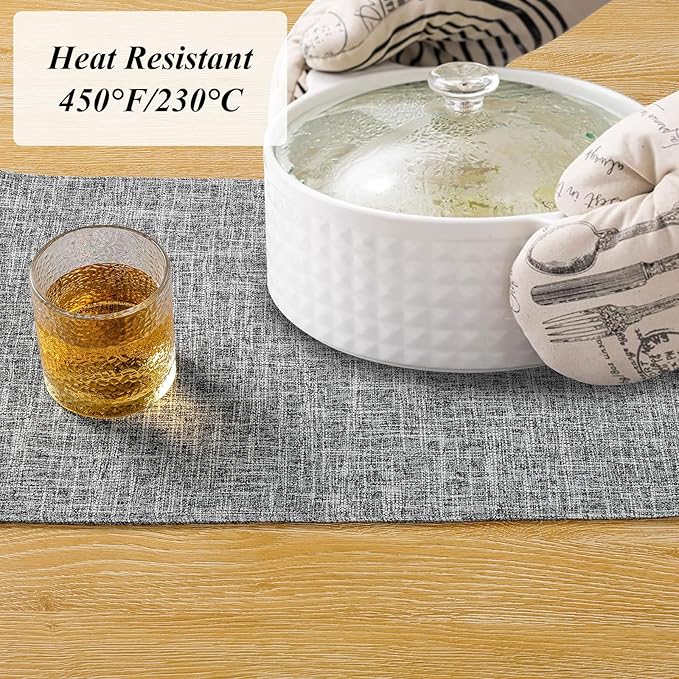 SHACOS Fabric Placemats Set of 4 Washable Heat Resistant Double Layer Thick Table Mats Non Slip Cloth Place Mats Indoor Outdoor, Light Grey White