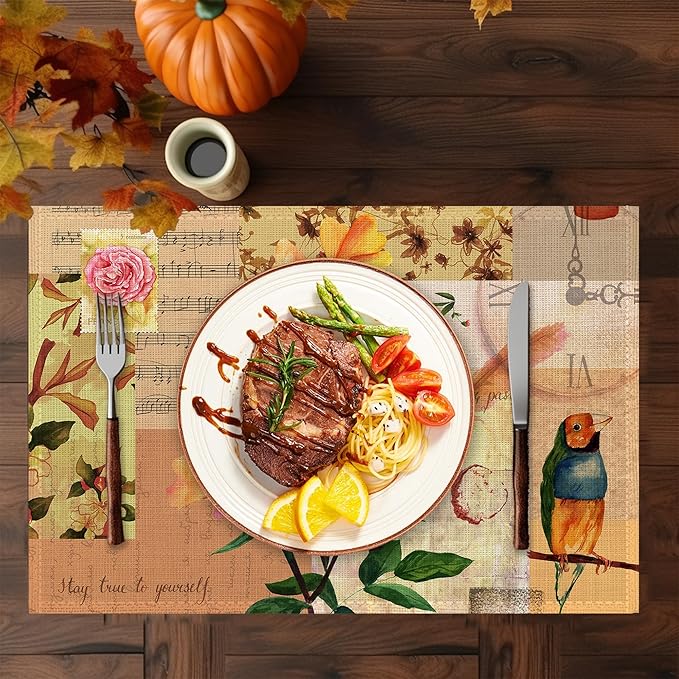 Vintage Roses Placemats Set of 6,Washable Heat Resistant 12×18 Inch Linen Table Mats Summer Flower Place Mats for Party Outdoor Dining Décor