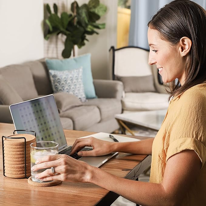 Cork Coasters with Lip for Drinks Absorbent | 12 Set 4 Inch Thick Rustic Saucer with Metal Holder Heat & Water Resistant | Best Reusable Natural Round Coasters for Bar Glass Cup Table