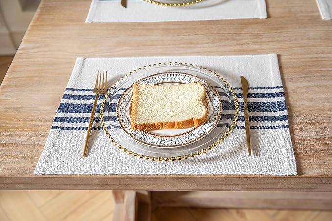 Placemats Set of 4 for Dining Table, Woven Cloth Place Mats for Kitchen Tabletop Décor, Handcrafted Machine Washable Cotton Table mats 13 x 19 Inch, Navy Blue and Beige