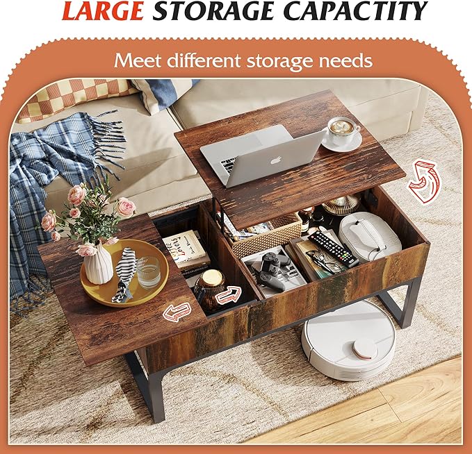 WLIVE Lift Top Coffee Table with Storage, 40.9" Coffee Table with Lifting Top & Sliding Cover, Wood Modern Center Table with 2 Hidden Compartment for Living Room, Retro Brown