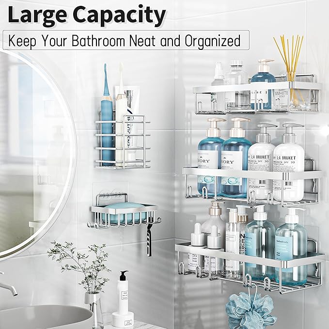 10 Pack Shower Caddy Organizer Rack Shelf for Inside Shower, Self Adhesive Wall Storage Basket Rustproof Stainless Steel Shampoo Holder Bathroom Accessory Decor Set, Silver