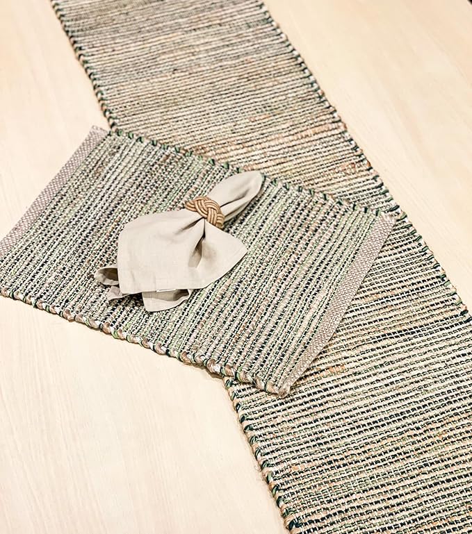 Chardin Home Natural Jute Table Runner 13x90 Inch – Vintage Boho Rustic Table Decor – Handwoven Jute Table Runner in Natural and Green– Farmhouse Dining or Console Table Accent