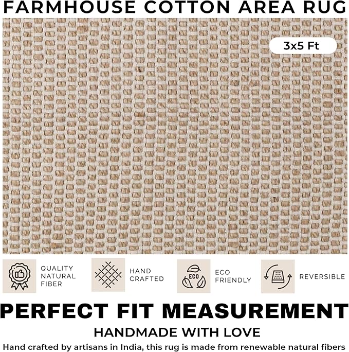 Bedding Craft Jute Cotton Matty Area Rug for Living Room 36x60 Inch - Natural - Machine Washable 3x5 Feet Rugs - 70% Jute and 30% Cotton