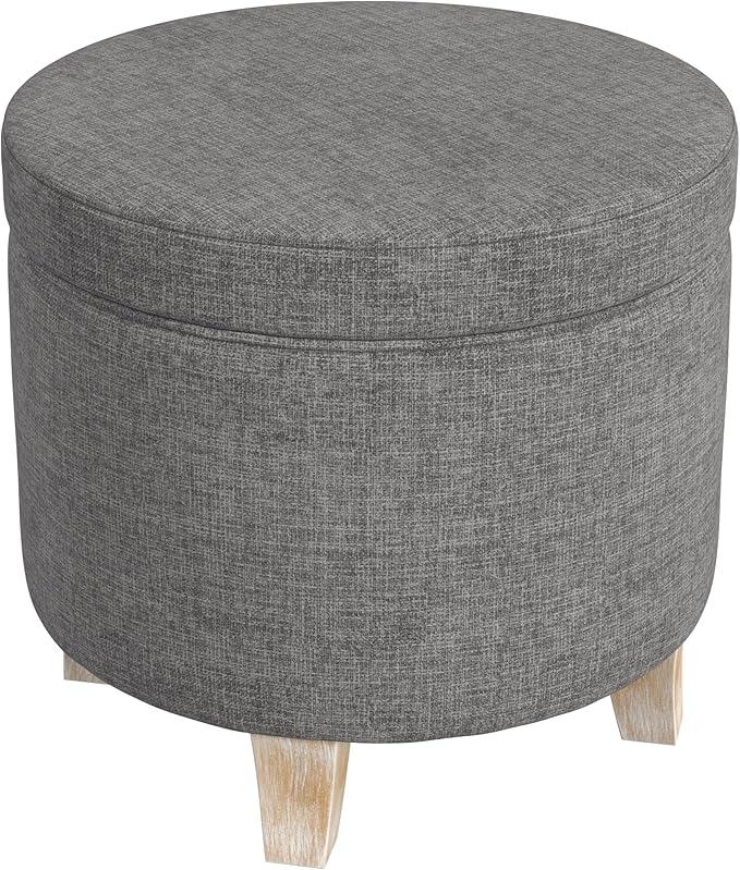 HomePop Upholstered Round Storage Ottoman Home Décor|Upholstered Round Foot Rest Ottoman -Gray Woven