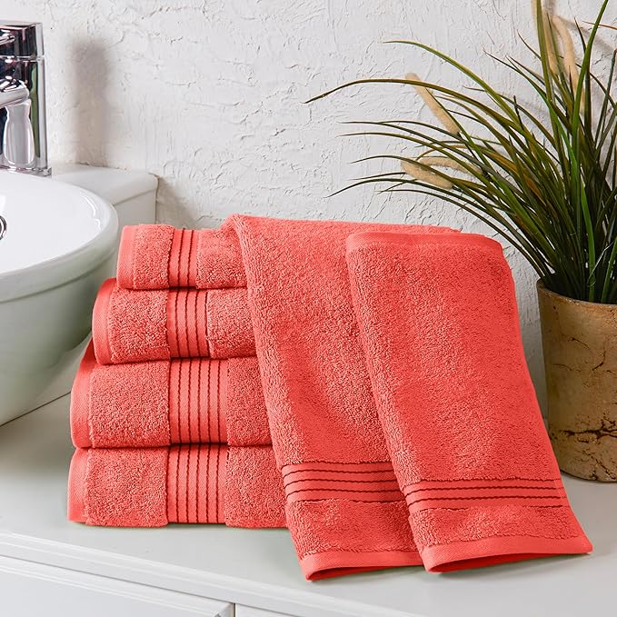 Elegant Comfort Premium Cotton 6-Piece Towel Set, Includes 2 Washcloths, 2 Hand Towels and 2 Bath Towels, 100% Turkish Cotton - Highly Absorbent and Super Soft Towels for Bathroom, Coral