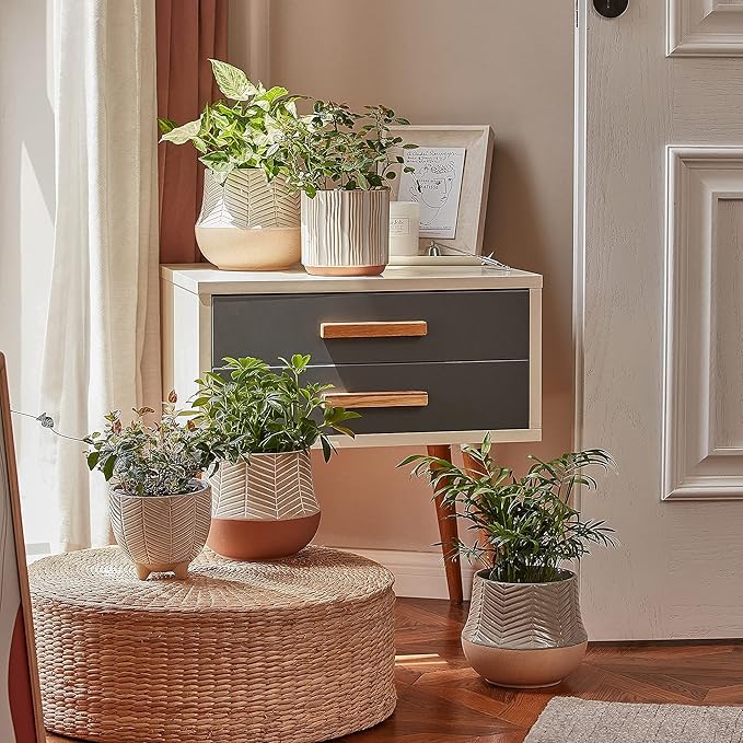 LA JOLIE MUSE Ceramic Footed Flower Plant Pots - 6.7 + 5.1 Inch Boho Decor Indoor Planters with Drainage, Home Decor Gift, Beige