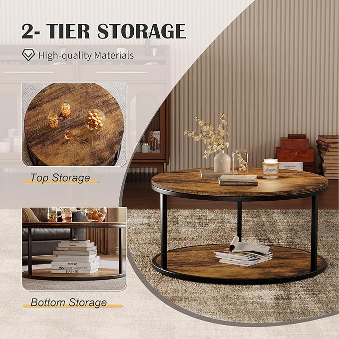 JUMMICO 36" Coffee Tables with Storage, 2-Tier Round Coffee Table, Center Table for Living Room, Furniture for Small Spaces, Brown