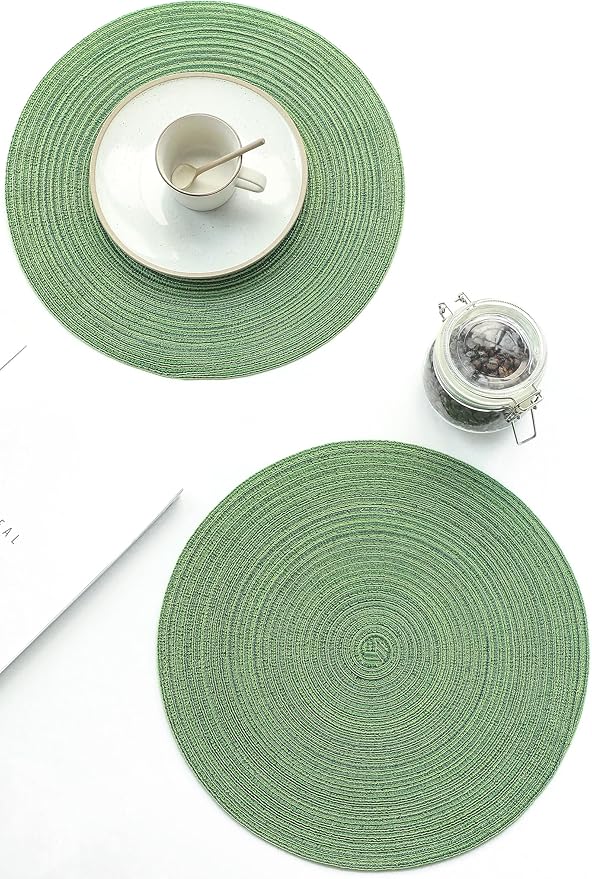 Floroom 15 Inch Round Braided Placemats Set of 4, Washable Heat Resistant Cotton Polyester Circle Place Mats for Kitchen Dining Table - Forest Green