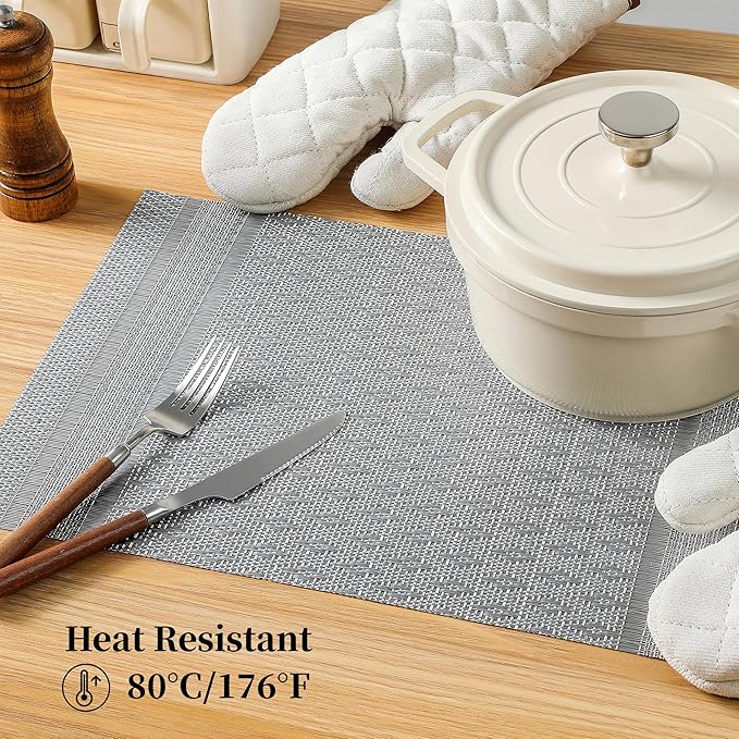 Leetaltree Lunar Grey Placemats Set of 6 - Heat Resistant Non-Slip Place mats for Dining Table, Washable Durable PVC Vinyl Woven Table Mats(Lunar Grey, 6)