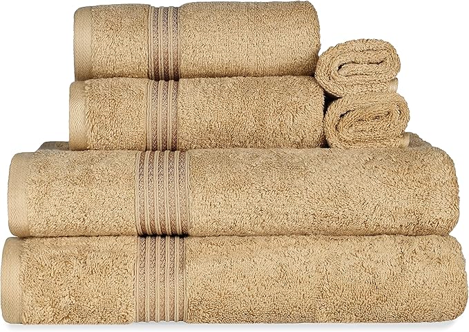 Superior Egyptian Cotton 6-Piece Towel Set, Bathroom Essentials, Towels For Bathroom, Apartment, Airbnb, Guest Bath, Face, Hand, Bath Towels, Washcloths, Absorbent, Fast Drying, Toast