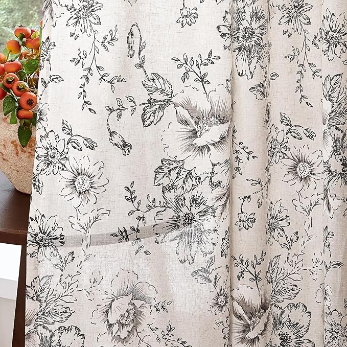 jinchan Linen Blend Curtain Floral Curtains for Living Room 63 Inch Length Black Printed Curtain Rod Pocket Back Tab Farmhouse Peony Flower Patterned Drapes Bedroom Window Curtains Set 2 Panels