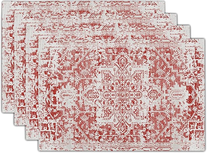 Gray Red Boho Placemats Set of 4 Ethnic Bohemian Carpet Place Mats Washable Kitchen Dining Vintage Grey Geography Floral Linen Table Mats Stain Heat-Resistant Cloth Tabel for Home Party 12x18 in
