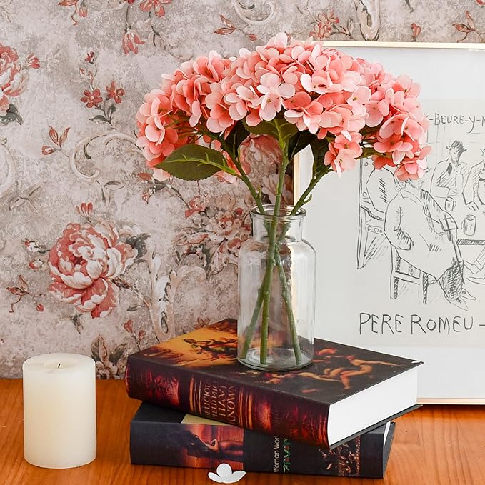 Mandy's 3 Stems Coral Artificial Hydrangea Flowers – 13.7” Realistic Silk Bouquet for Centerpieces, Wedding & Home Decor