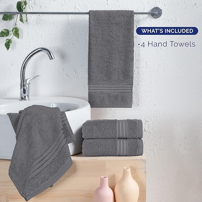 Elegant Comfort Premium Turkish Cotton 4 Pack Hand Towel Set - 16 x 28 inch, Luxurious Hotel Spa Quality 100% Turkish Cotton 4PC Hand Towel Set - Highly Absorbent - Soft Bathroom Towels, Gray